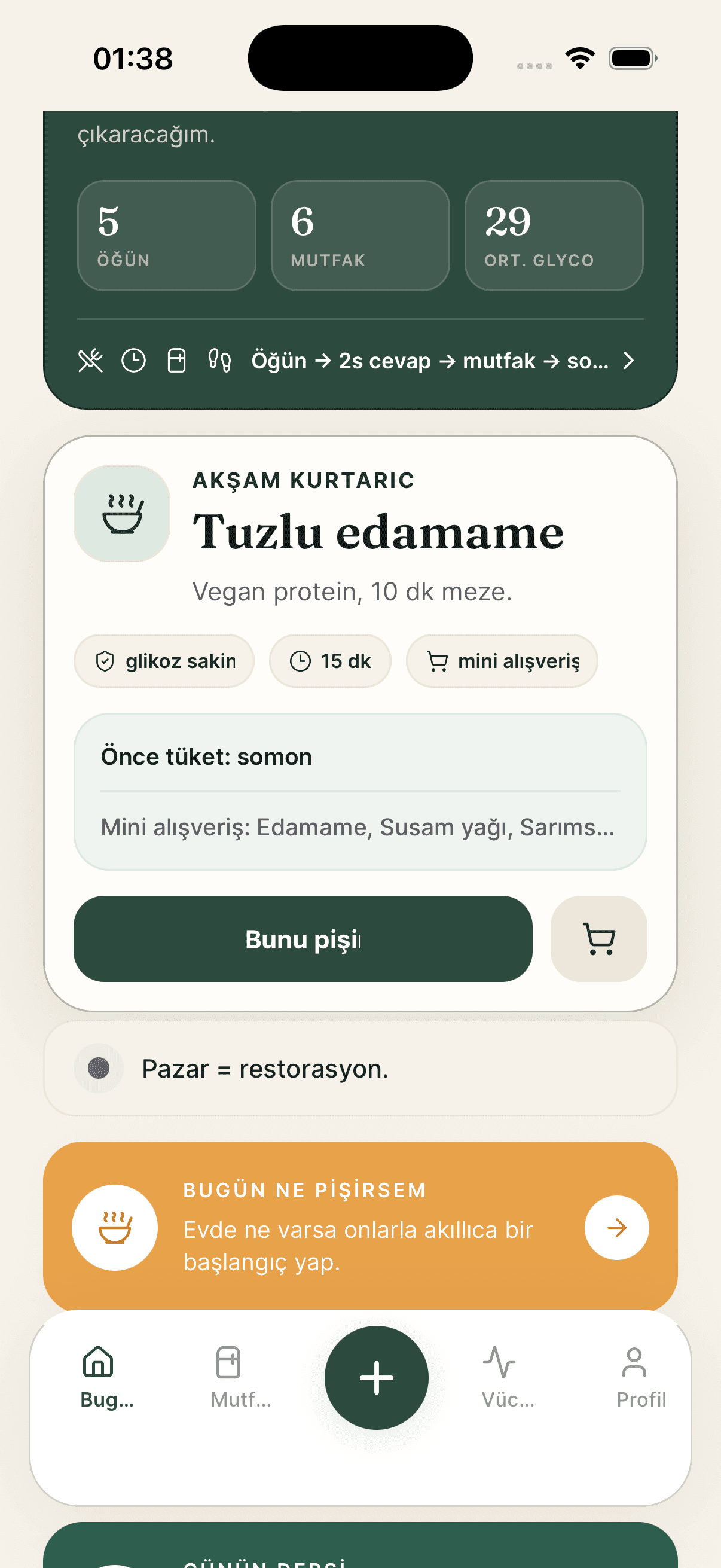 LifeMate home screen with kitchen dinner card